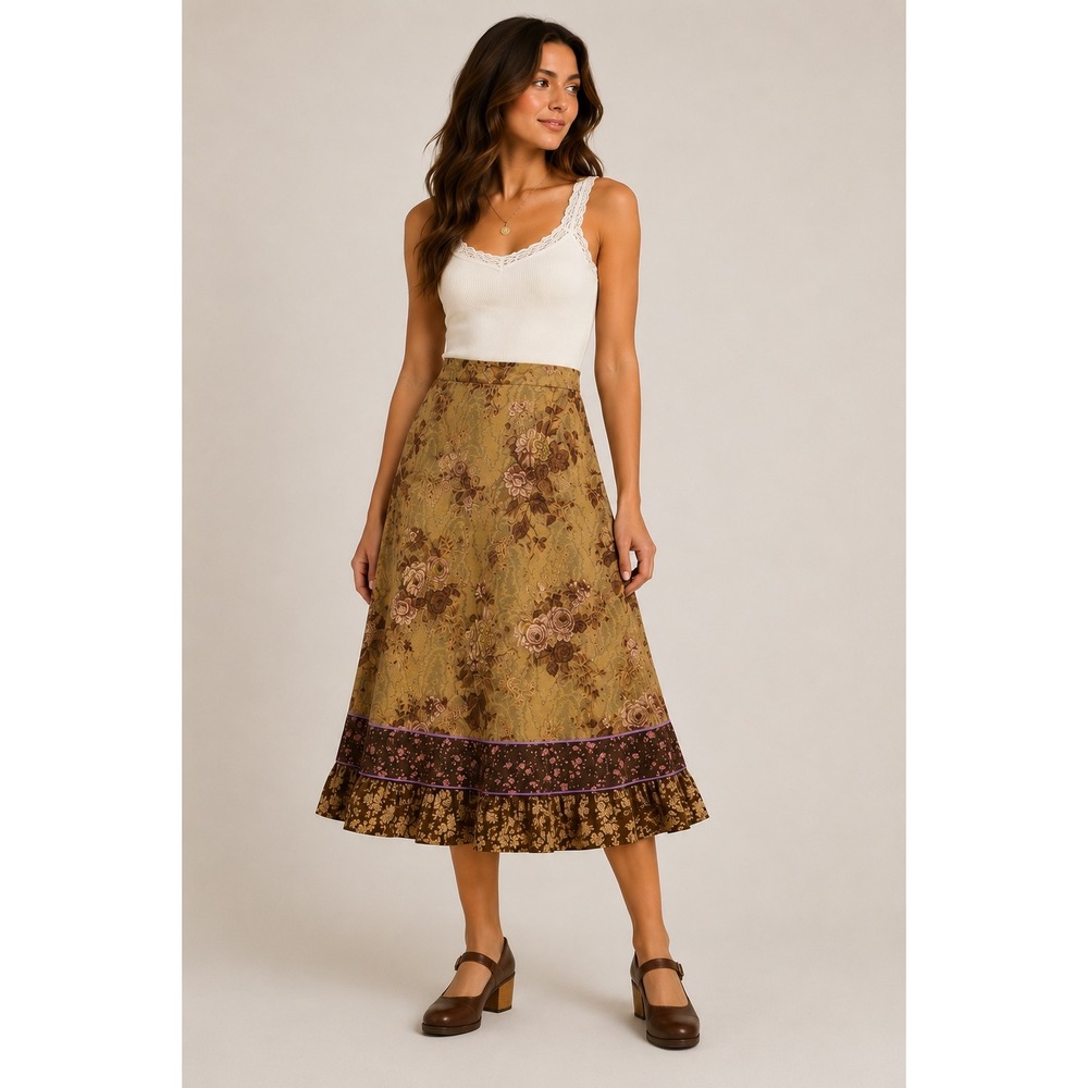 Vintage Young Edwardian by Arpeja Floral Tapestry Ruffle Midi Skirt Brown 13